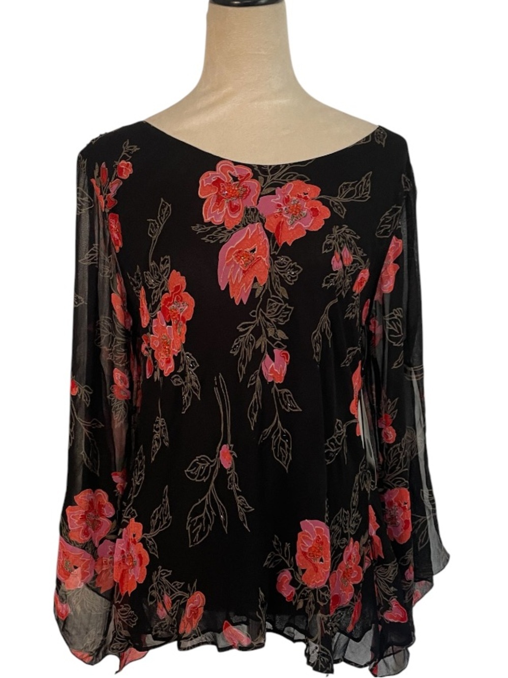 90’s Temptation Sheer Floral Beaded Blouse Medium Black Red Deadstock NWT